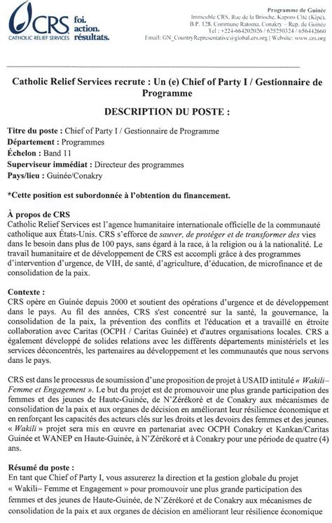 Catholic Relief Services Recrute Un E Gestionnaire De Programme Pub