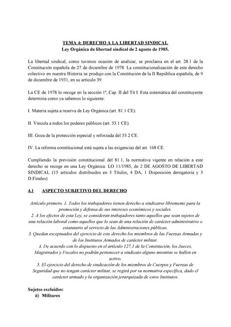 TEMA 4 Derecho Colectivo TEMA 4 DERECHO A LA LIBERTAD SINDICAL Ley