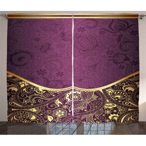 purple curtains  panels set oriental abstract gold swirly floral