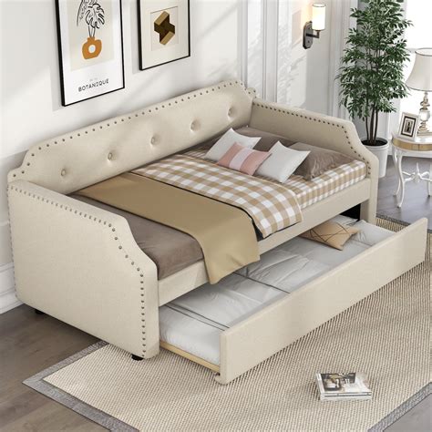 Upholstered Daybed With Trundle Linen Upholstered Sofa Bed Frame With