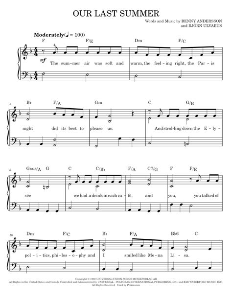 Our Last Summer Sheet Music For Piano By Abba Official