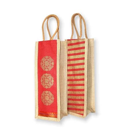 Red Rope Handle Jute Water Bottle Bag Size 5 5 5 Inch Capacity 2 Kg