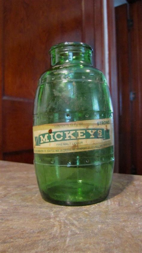 Vintage 1970s Green Mickeys Grenade Barrel Glass Beer Bottle Big Mouth