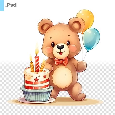 Un Mignon Ours En Peluche Avec Un G Teau D Anniversaire Et Des Ballons