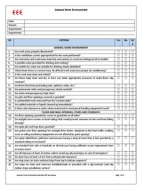 General Work Environment Checklist | PDF | Stairs | Building Technology