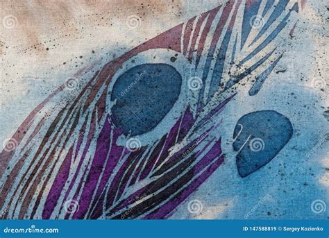 Feather And Drops Hot Batik Background Texture Handmade On Silk Stock Image Image Of Blue