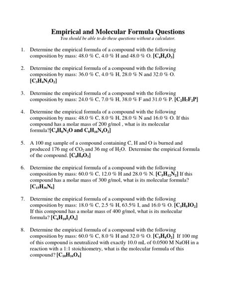 Empirical And Molecular Formula Questions You Should Be Able To Worksheets Library