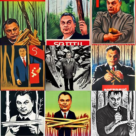 Soviet Poster Of Sinister Viktor Orban Holding A Wood Stable