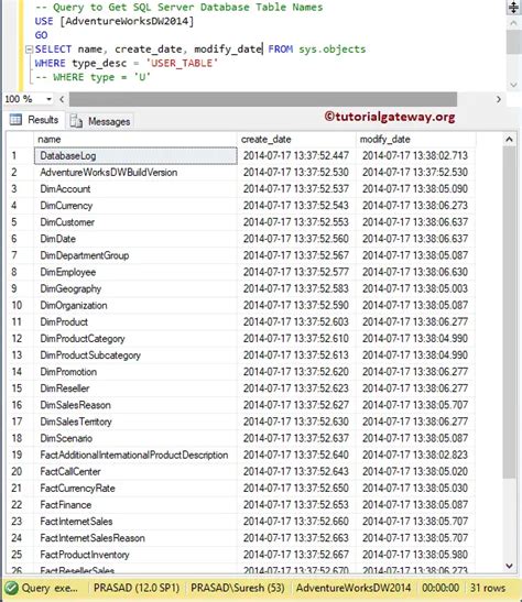 Get Table Names From Sql Server Database