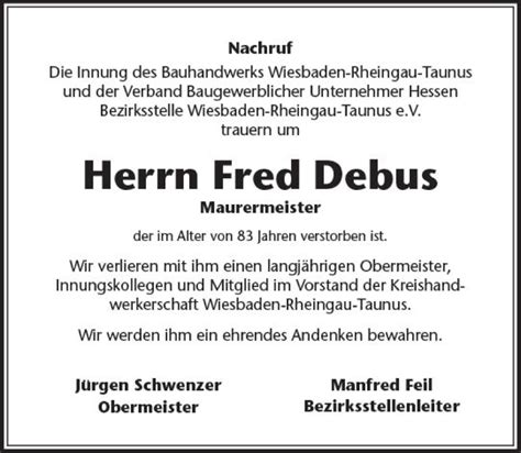 Traueranzeigen Von Fred Debus Vrm Trauer De