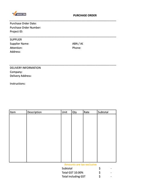 Free Construction Purchase Order Template Word PDF Excel S