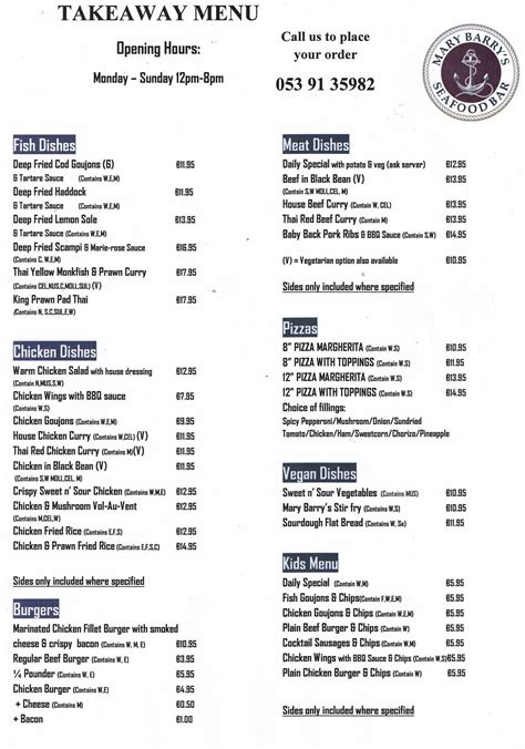 Menu At Mary Barry S Bar Ireland Kilmore Village