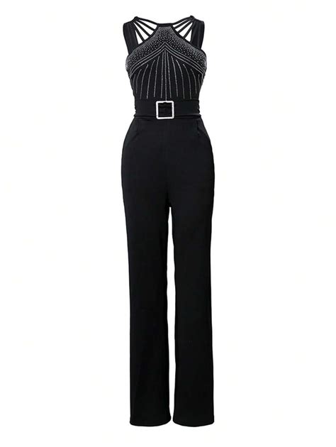 Black Sleeveless Backless Jumpsuit With Rhinestones Slim Straps And