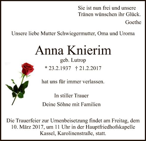 Traueranzeigen Von Anna Knierim Trauer Hna De