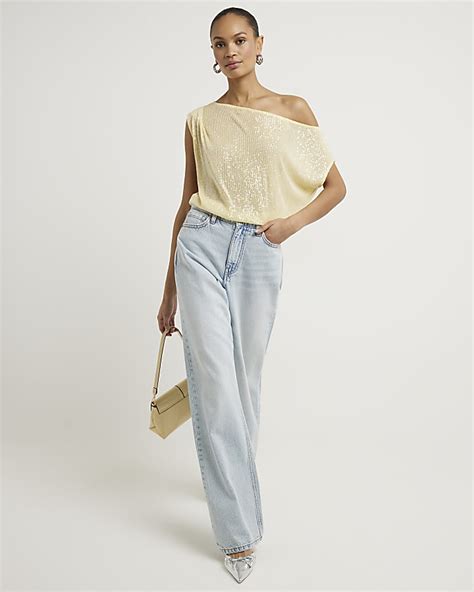 Yellow Sequin Off Shoulder Top River Island