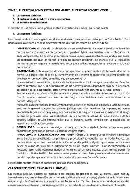 Tema 1 Apuntes 1 Tema 1 El Derecho Como Sistema Normativo El Derecho Constitucional Las