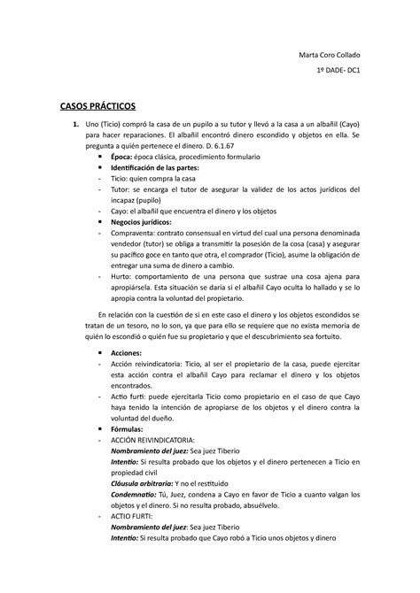 Casos Practicos Derecho Romano Marta Coro Collado 1º Dade Dc Casos