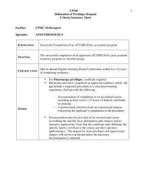 Fillable Online UPMC Delineation Of Privileges Request Criteria Summary