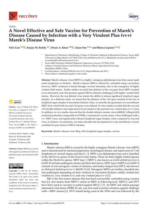 (PDF) A Novel Effective and Safe Vaccine for Prevention of Marek’s Disease Caused by Infection ...