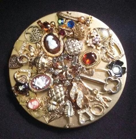 Upcycle Junk Jewelry Assemblage Art Repurposed Candle Lid Jeweled