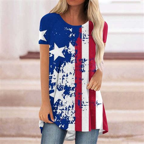 Jsaierl Womens Independence Day Tops Plus Size Patriotic Usa Flag