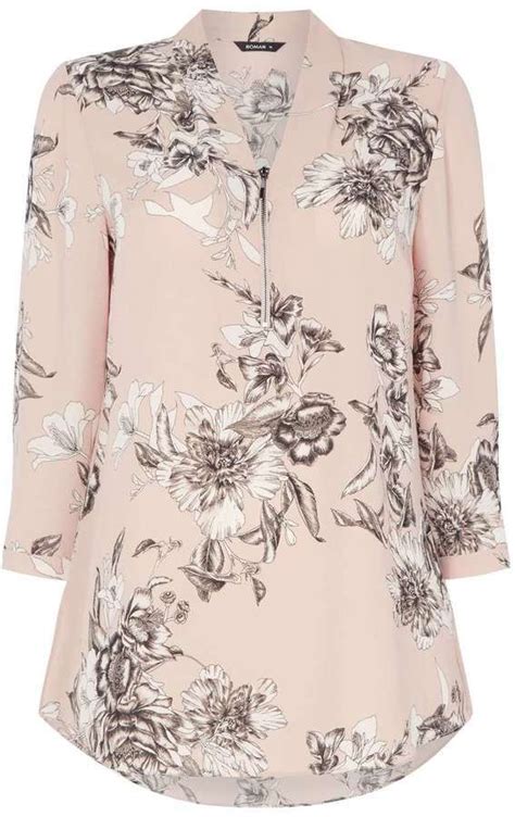 Roman Originals Light Pink Floral Zip Top Blouses For Women Tops Clothes