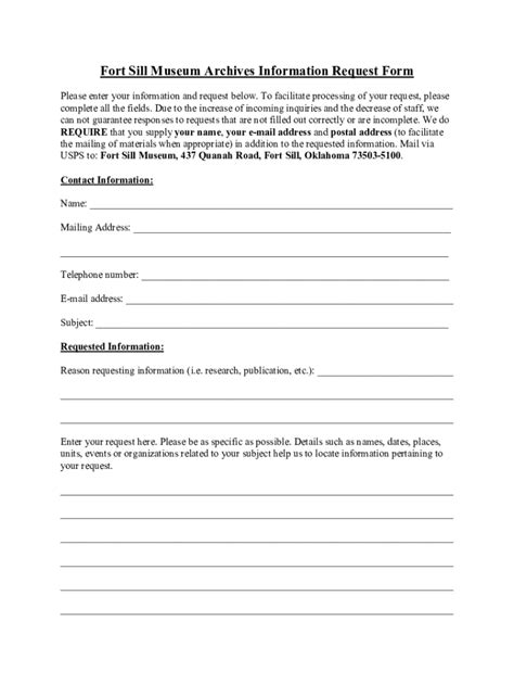 Fillable Online Fort Sill Museum Archives Information Request Form Fax