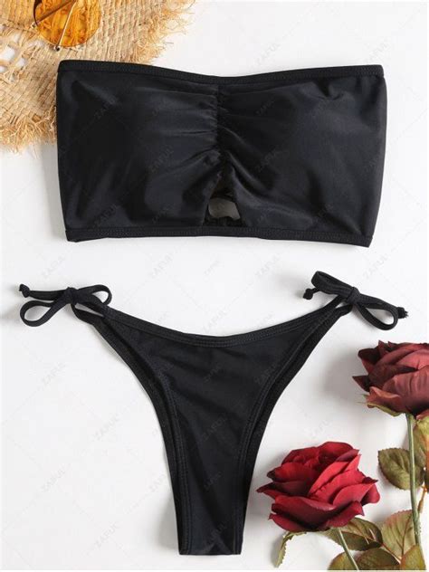 Bandeau Back Lace Up String Bikini Set In BLACK ZAFUL