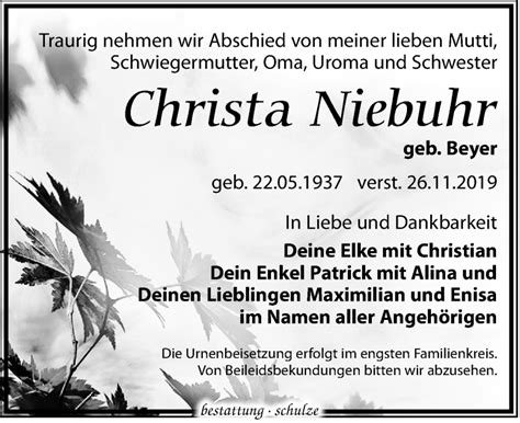 Traueranzeigen Von Christa Niebuhr Trauer Anzeigen De