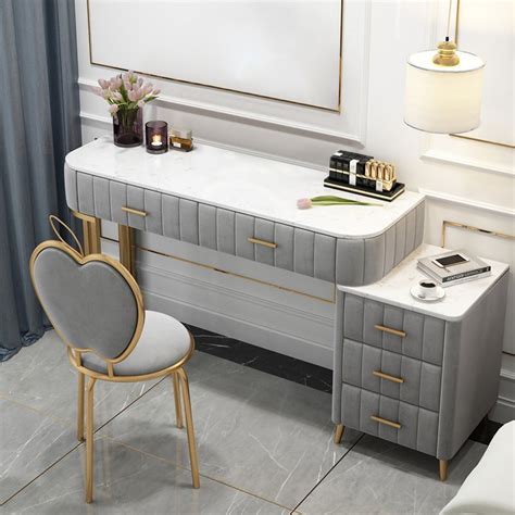 Modern Gray Upholstered Makeup Vanity Table Expandable Dressing Table