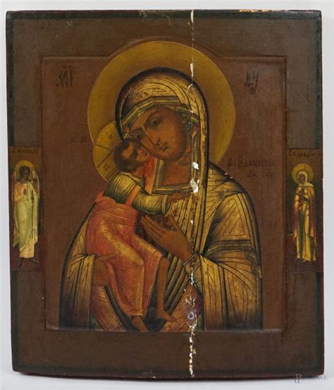 Icona Raffigurante Madonna Con Bambino E I Santi Tempera Su Tavola Cm