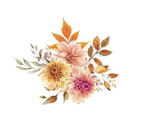 Watercolor Bouquet Of Dahlia Rose And Fall Leaves Ideal For Creating