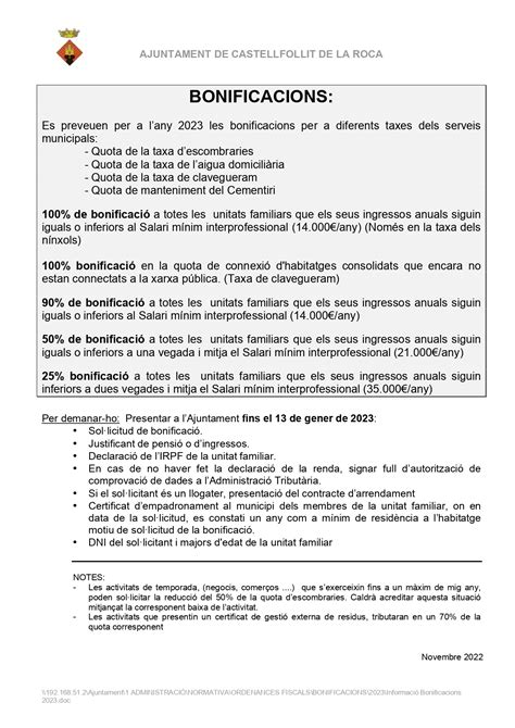 Bonificació taxes 2023 Web oficial de l Ajuntament de Castellfollit