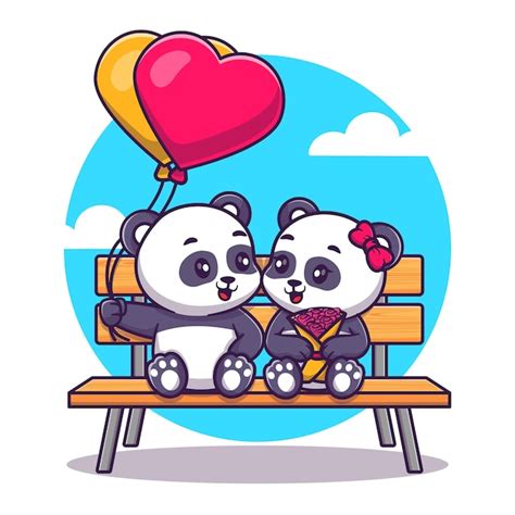 Premium Vector Cute Panda Couple Holding Balloons On Bench Park