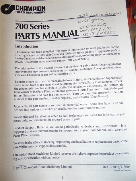 Champion 700 Series Motor Grader Parts Manual Used Equipment Manuals