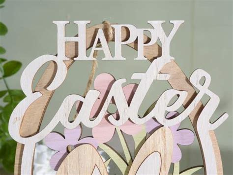 Set Uova Da Appendere In Legno Con Coniglio E Happy Easter