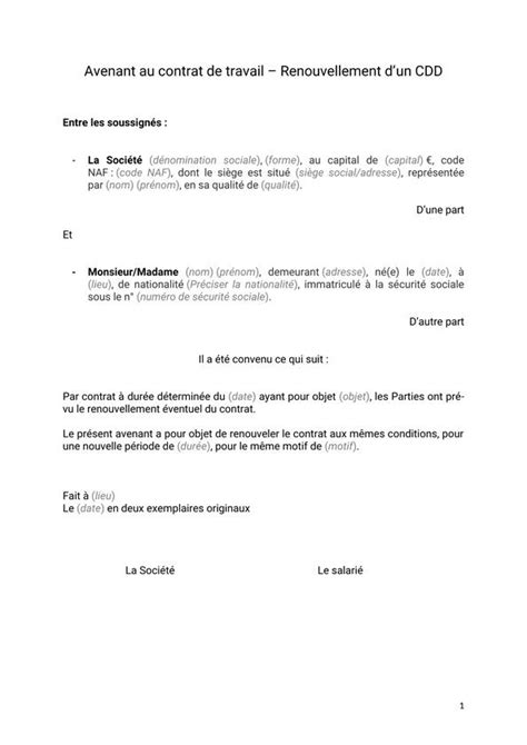 Avenant Au Contrat De Travail Renouvellement Cdd Mod Le