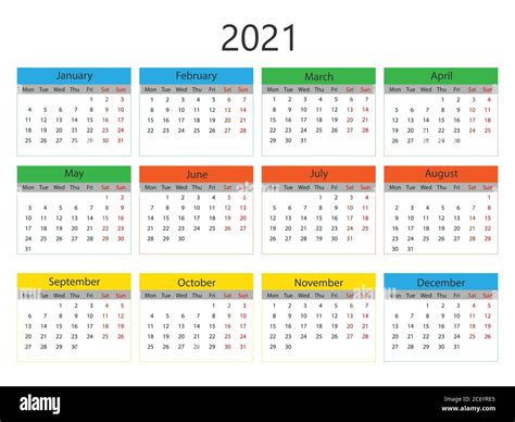 2021 Calendar Week Starts Monday Vector Illustration Flat Design