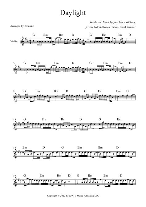 Daylight Arr BTmusic By David Kushner Sheet Music For Violin Solo At