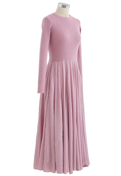 Knit Spliced Long Sleeves Maxi Dress In Pink Retro Indie And Unique