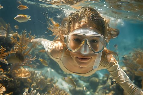 Premium Photo A Girl Swimming Underwater Wearing A Mask And Snorkel