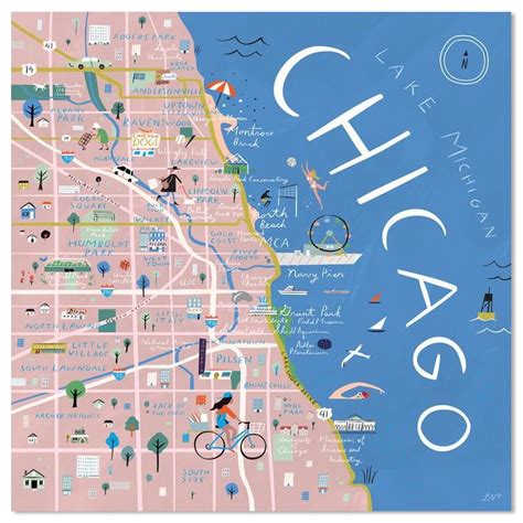 Chicago Illustrated Map 12 X 12 Archival Print Illustrated Map