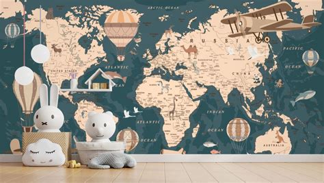 World Map Wallpaper With Hot Air Balloons and Planes for Wall - Magic ...