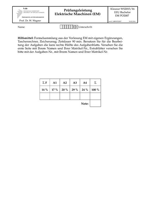 Klausur WS2015 16 Prüfungsleistung Elektrische Maschinen EM Prof