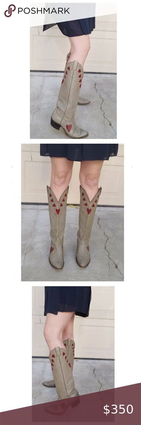 Vintage Rare Extra Tall Grey Justin Cowboy Boots With Red Heart Inlays