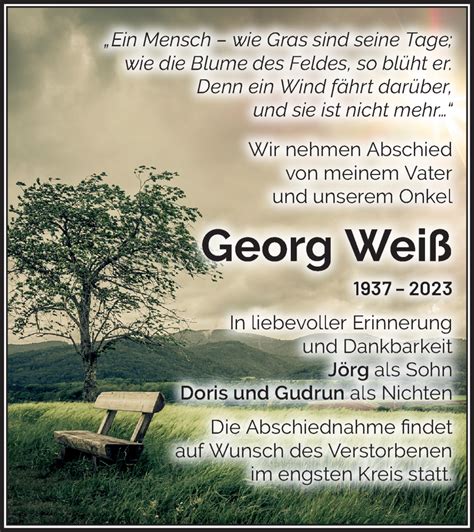 Traueranzeigen Von Georg Wei M Rkische Onlinezeitung Trauerportal