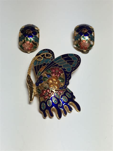 Vintage Cloisonne Butterfly Brooch And Earring Set