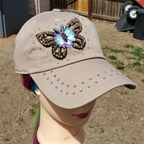 Ladies Khaki 3d Butterfly Bling Hat Etsy