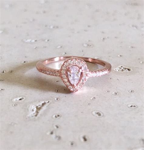 Small Rose Gold Promise Ring Pear Shape Engagement Ring Halo Wedding