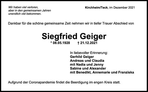 Trauer Siegfried Geiger 23 12 2021 Teckbote Trauerportal